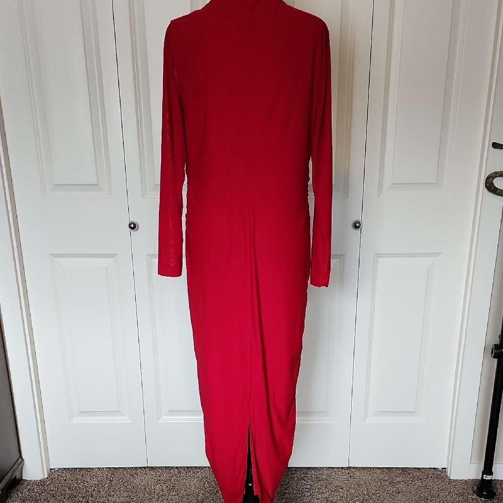 Classic Plus Square Neck Ruched Red Mesh Dress - Picture 9 of 12